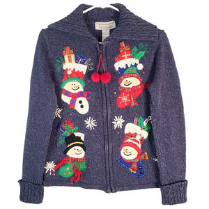 Tiara International Collection Christmas Cardigan Sweater Small Blue Snowman